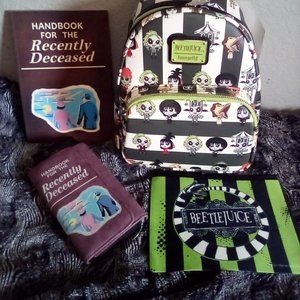Bundle of 4: Loungefly Beetlejuice chibli backpack,  Bioworld wallet handbook...